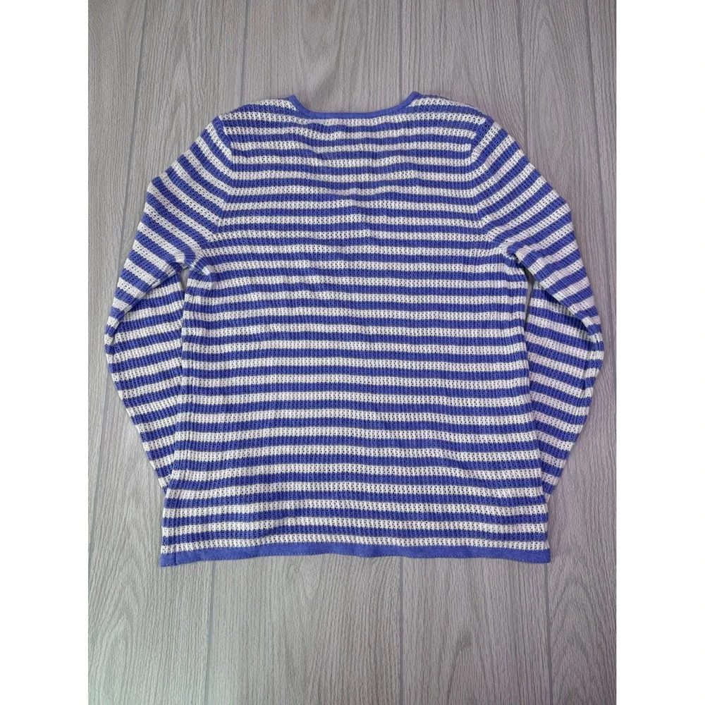 Nic+Zoe Blue Multi Striped Open Knit Scoop Neck Sweater NEW With Tags